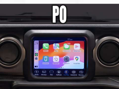 Upgrade radia Jeep Wrangler/Gladiator 2018–2021 – wymiana Delphi VP2 na fabryczne Panasonic Uconnect 8.4” z CarPlay/Android Auto